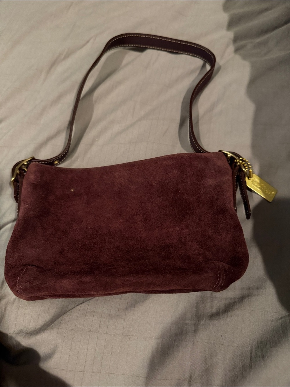 Coach Burgundy Suede Shoulder Bag with Gold Hardware